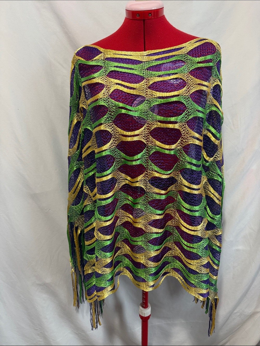 Metallic Open-Knit Fringe Poncho in Purple, Green & Gold